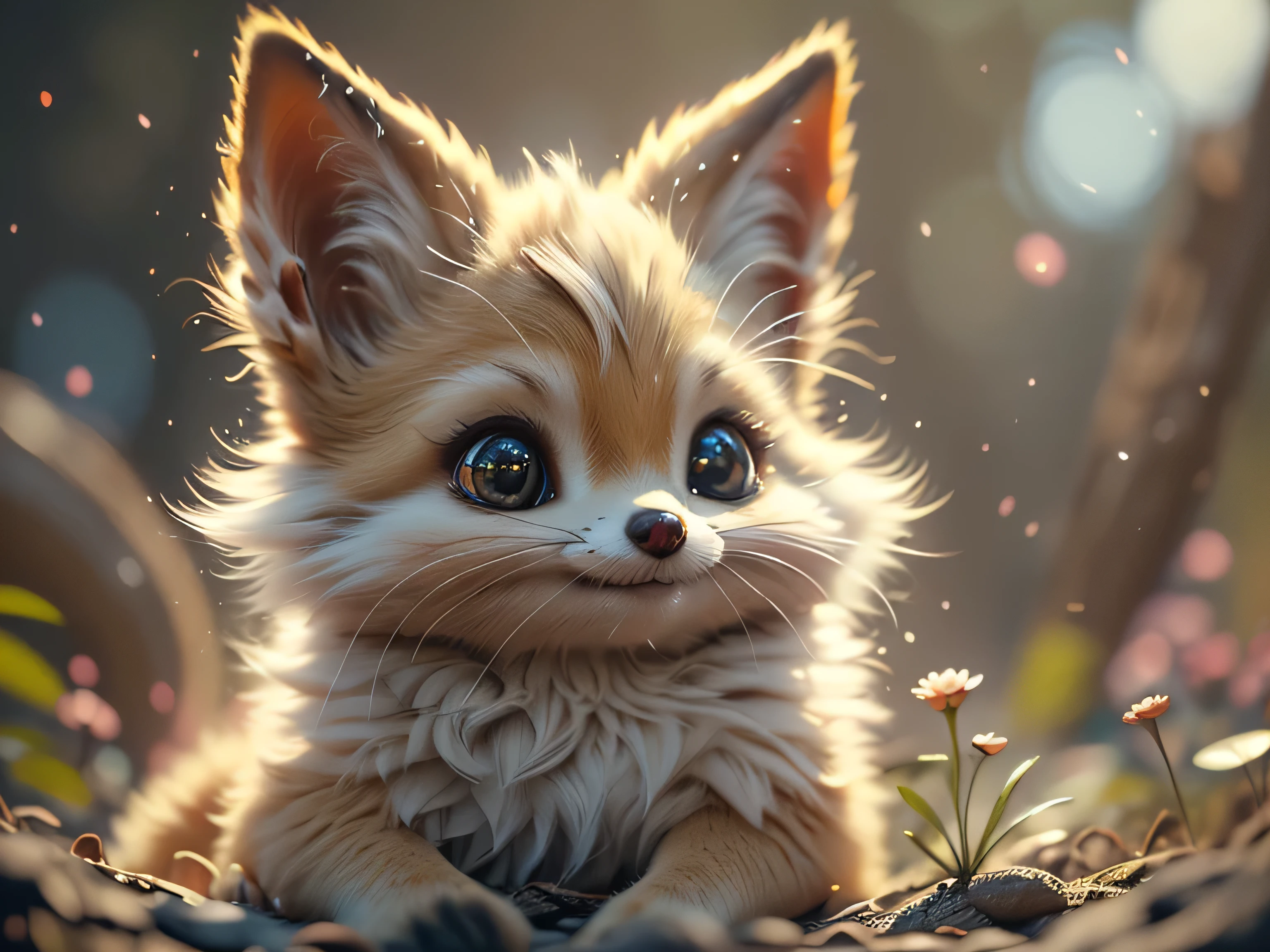 Magical Fantasy Creature, (Best Quality, Masterpiece, Representative Work, Official Art, Professional, Ultra Fine Detail, 8k:1.3), (Photorealism:1.2), Fox Spirit, Super Cute, Big Eyes, Soft, Delicate Nose, Fluffy, Two-Toothed Smile, Cute Fennec Fox Ghost, Realistic, Beautiful, Sparkling, Stars in Eyes, Star Pearl, Fox Lights, Soft Volumetric Light, (Backlight:1.3), (Cinematic:1.2), Intricate Details, (ArtStation:1.3), --auto --s2