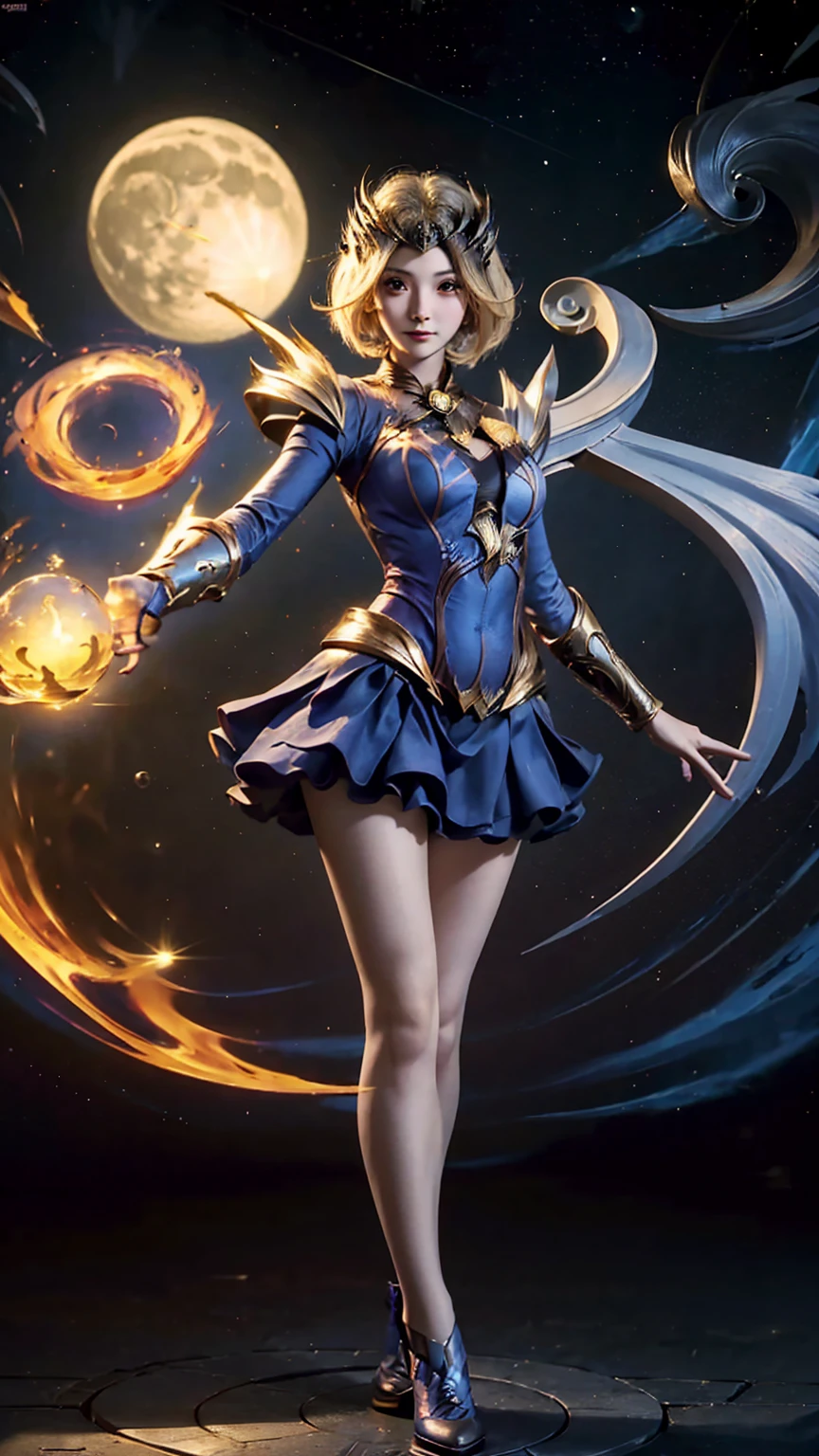 Beautiful close-up, facial features, beautiful hair, eyelashes, Mobile Legends Lunox, skinny girl, fire, gorgeous face, sweet smile, the most beautiful person, perfect body, balance, Perfect anatomy, UHD picture, perfect figure, cute girl, wizard, sorceress, close, face, look at the camera, against the background of the moon and the sun ,wings, blond hair, girl wings, harp wings, dark and light side, blond short hair,