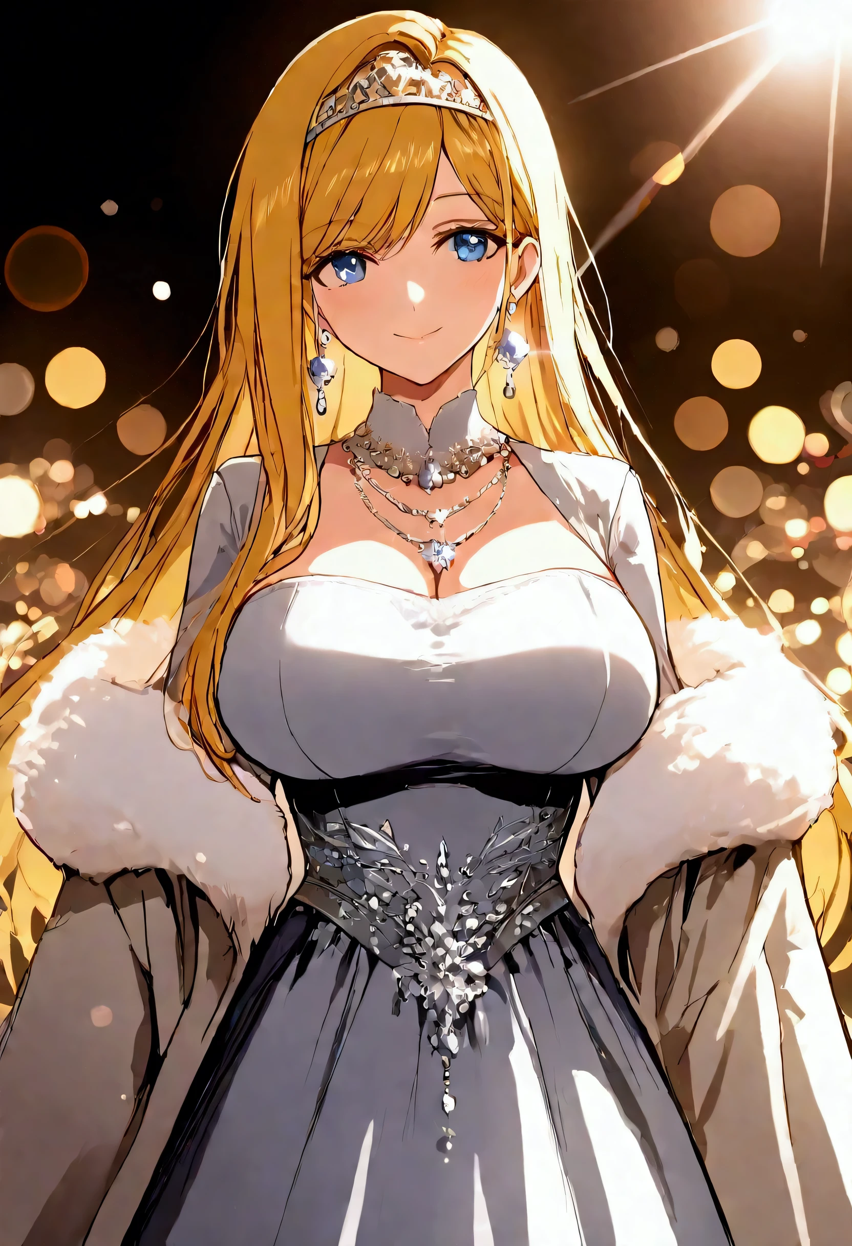 ultra detailed illustration in anime style of a imperial woman with sparkling navy blue eyes, Apricot skin, gothic a white silk dress with trinkets, a winter background, golden yellow hair, long hair style, silver tiara, lens flare, depth of field, bokeh effect, backlit, stylish, elegant, breathtaking, visually rich, flat lights, flat colors, cel shading, art by best anime studios, 32k resolution, best quality, ink lines, a mature body, a beautiful, benevolent smile of eyes, the Middle Ages, an imperial woman, Big breasts, silver earrings, a silver necklace