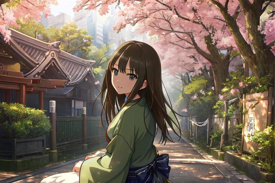 masterpiece、Best Quality、 details、 Hi-Res、 go to a shrine for the first time in a very delicate and beautiful 、solo、One Japanese person、((Shibuya Rin))、kimono、first visit of the year to a shrine、smile、 sitting、shrine、Full Body View