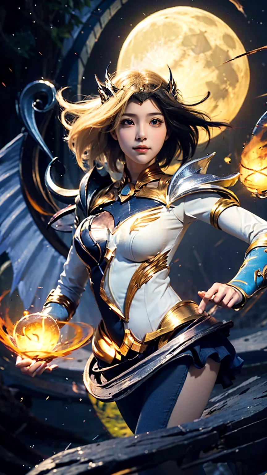 Beautiful close-up, facial features, beautiful hair, eyelashes, Mobile Legends Lunox, skinny girl, fire, gorgeous face, sweet smile, the most beautiful person, perfect body, balance, Perfect anatomy, UHD picture, perfect figure, cute girl, wizard, sorceress, close, face, look at the camera, against the background of the moon and the sun ,wings, blond hair, girl wings, harp wings, dark and light side, blond short hair,