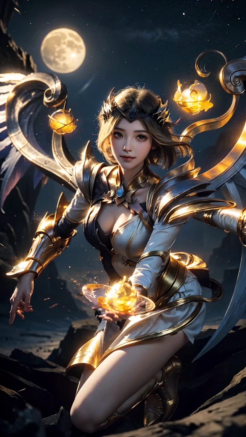 Beautiful close-up, facial features, beautiful hair, eyelashes, Mobile Legends Lunox, skinny girl, fire, gorgeous face, sweet smile, the most beautiful person, perfect body, balance, Perfect anatomy, UHD picture, perfect figure, cute girl, wizard, sorceress, close, face, look at the camera, against the background of the moon and the sun ,wings, blond hair, girl wings, harp wings, dark and light side, blond short hair, eyes in detail, close, eyelashes, perfect face, close, very close