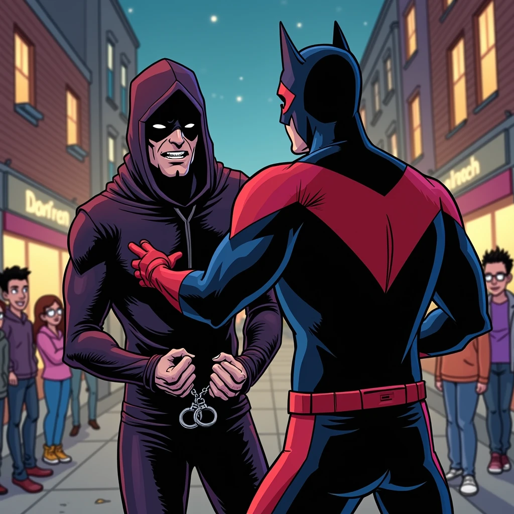 full view from afar on two boys full-body Jason Todd fucks Nightwing:1.7, young handsome muscle Nightwing getting facefucked by Jason Todd in full-length, blowjob scene in night :: Nightwing sitting on his knees, small brown pink gradient penis:1.5 with glans and heavy testicles, arrogant rough face, Nightwing costume is blue and black colored :: Jason Todd has gray costume, belt, black gloves, bald Jason Todd's head in a red tight rubber mask:1.5
