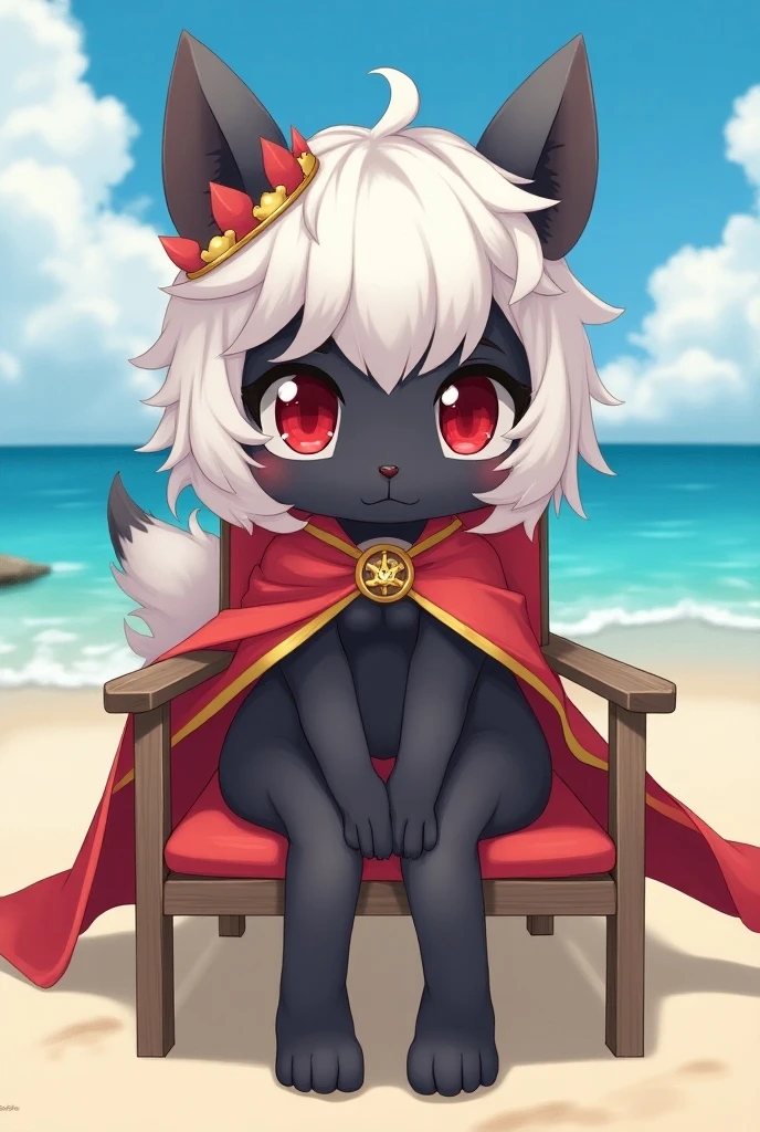 Furry shota, Lamb, "Cult of the lamb", red eyes, clear black body fur, black nose, small horns, white hair, spiky hairstyle, short hair, full body, detailed body fur, detailed body, detailed eyes, glistering body, shiny body, gorgeous body, masterpiece, feets whit three toes, ((crown, red cloak)), sit on beach chair, beach, clear sky,