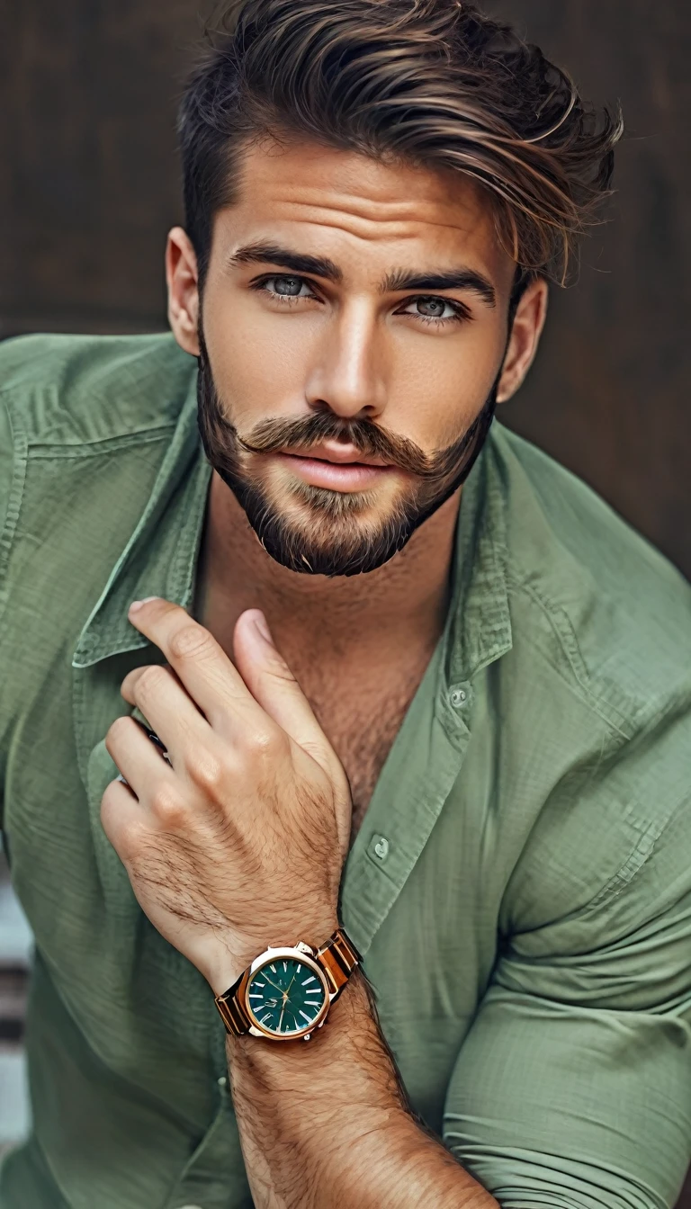  Un homme européen avec une barbe et une montre au poignet., homme attirant, beau et attirant,  Bel homme , homme attirant,  attrayant et beau face , bel homme, masculin et beau, Beau visage, perfect Beau visage, Beau visage and beautiful face, portant une montre,  bel jeune homme, extrêmement beau, very homme attirant with beard, bonne mine,  attrayant et beau,  coupe de cheveux moderne pose sexy ,  Anatomiquement correct, photographie sépiée ,   chemise vert clair  