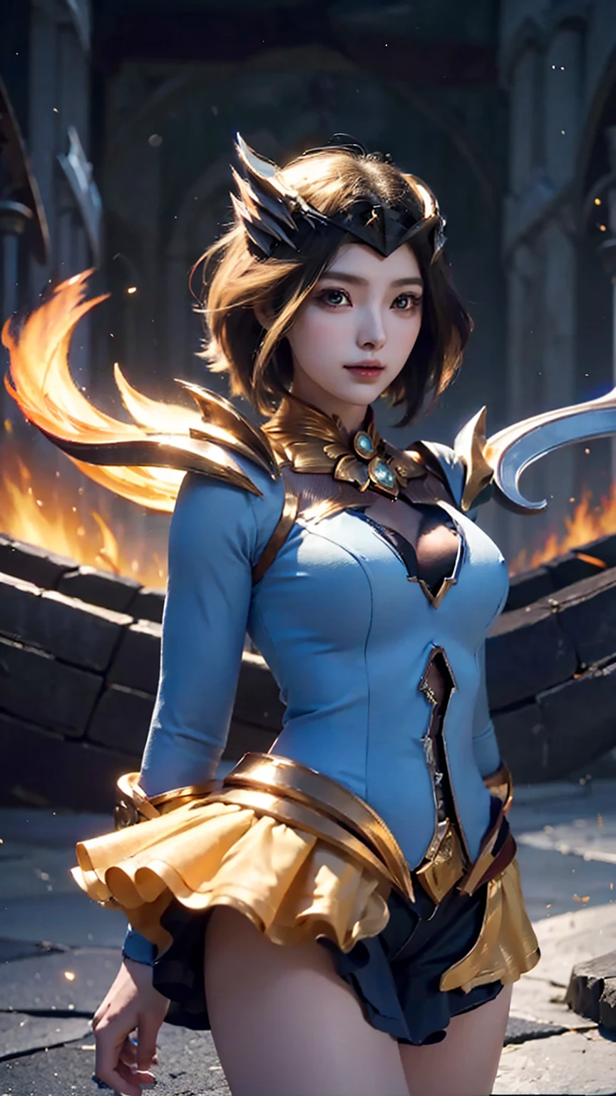 Beautiful close-up, facial features, beautiful hair, eyelashes, Mobile Legends Lunox, skinny girl, fire, gorgeous face, sweet smile, the most beautiful person, perfect body, balance, Perfect anatomy, UHD picture, perfect figure, cute girl, wizard, sorceress, close, face, look at the camera, against the background of the moon and the sun ,wings, blond hair, girl wings, harp wings, dark and light side, blond short hair,