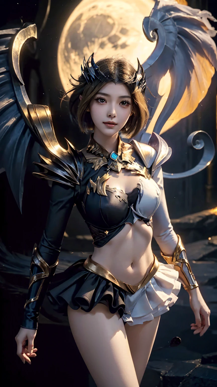 Beautiful close-up, facial features, beautiful hair, eyelashes, Mobile Legends Lunox, skinny girl, fire, gorgeous face, sweet smile, the most beautiful person, perfect body, balance, Perfect anatomy, UHD picture, perfect figure, cute girl, wizard, sorceress, close, face, look at the camera, against the background of the moon and the sun ,wings, blond hair, girl wings, harp wings, dark and light side, blond short hair, eyes in detail, close, eyelashes, perfect face, close, very close , open hips, bra, short skirt, panties