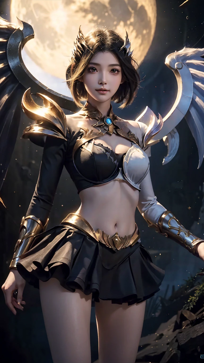 Beautiful close-up, facial features, beautiful hair, eyelashes, Mobile Legends Lunox, skinny girl, fire, gorgeous face, sweet smile, the most beautiful person, perfect body, balance, Perfect anatomy, UHD picture, perfect figure, cute girl, wizard, sorceress, close, face, look at the camera, against the background of the moon and the sun ,wings, blond hair, girl wings, harp wings, dark and light side, blond short hair, eyes in detail, close, eyelashes, perfect face, close, very close , open hips, bra, short skirt, panties