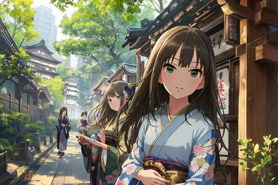 masterpiece、Best Quality、 details、 Hi-Res、 go to a shrine for the first time in a very delicate and beautiful 、solo、One Japanese person、((Shibuya Rin))、kimono、first visit of the year to a shrine、smile、 sitting、cute clogs、shrine、Full Body View、 portrait photo