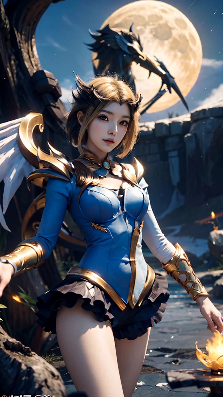 Beautiful close-up, facial features, beautiful hair, eyelashes, Mobile Legends Lunox, skinny girl, fire, gorgeous face, sweet smile, the most beautiful person, perfect body, balance, Perfect anatomy, UHD picture, perfect figure, cute girl, wizard, sorceress, close, face, look at the camera, against the background of the moon and the sun ,wings, blond hair, girl wings, harp wings, dark and light side, blond short hair,