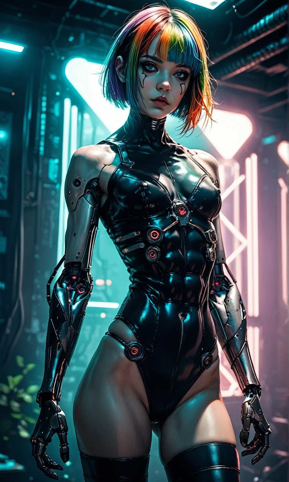 score_9, score_8_up, score_7_up, score_6_up, photo, realism, photorealistic, thigh-highs, girl, cyborg, rainbow hair, dark makeup, goth, black hair, short hair, square bangs, muscular body, exoskeleton, posing, looking at viewer, dark hangar, depth of field, low light, low key, backlight, neon glow, spotlight, cyberpunk