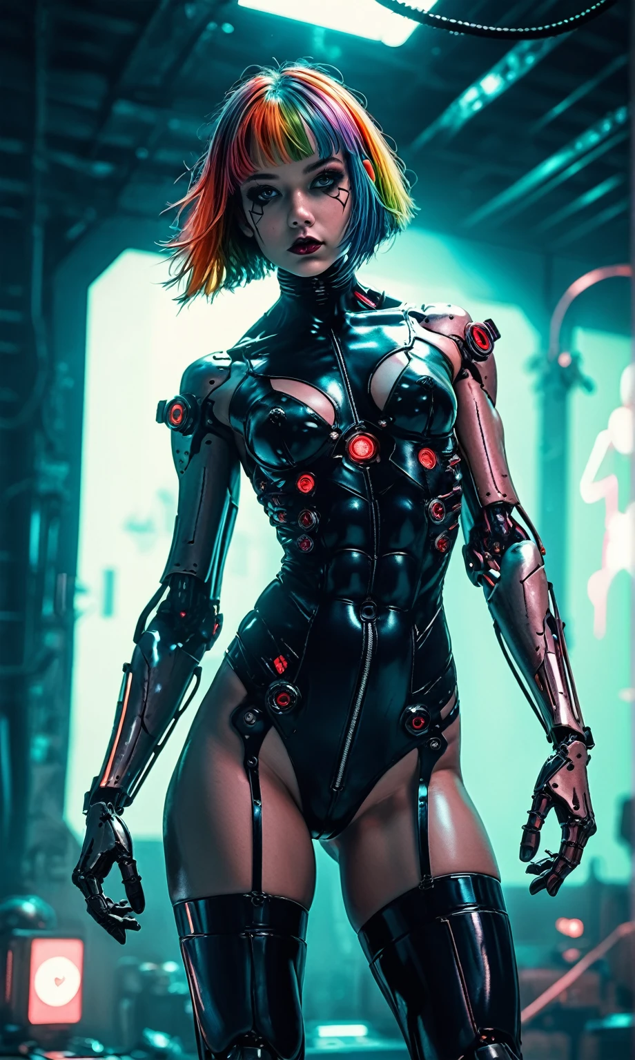 score_9, score_8_up, score_7_up, score_6_up, photo, realism, photorealistic, thigh-highs, girl, cyborg, rainbow hair, dark makeup, goth, black hair, short hair, square bangs, muscular body, exoskeleton, posing, looking at viewer, dark hangar, depth of field, low light, low key, backlight, neon glow, spotlight, cyberpunk