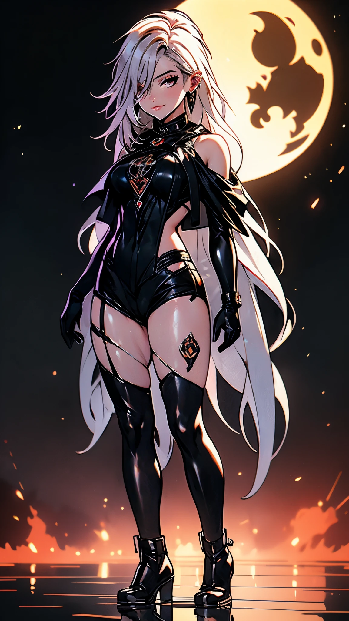 masterpiece, best quality, 1woman, dark skin, large breasts, long hair, white hair, eyelashes, full body, (nagatiti)