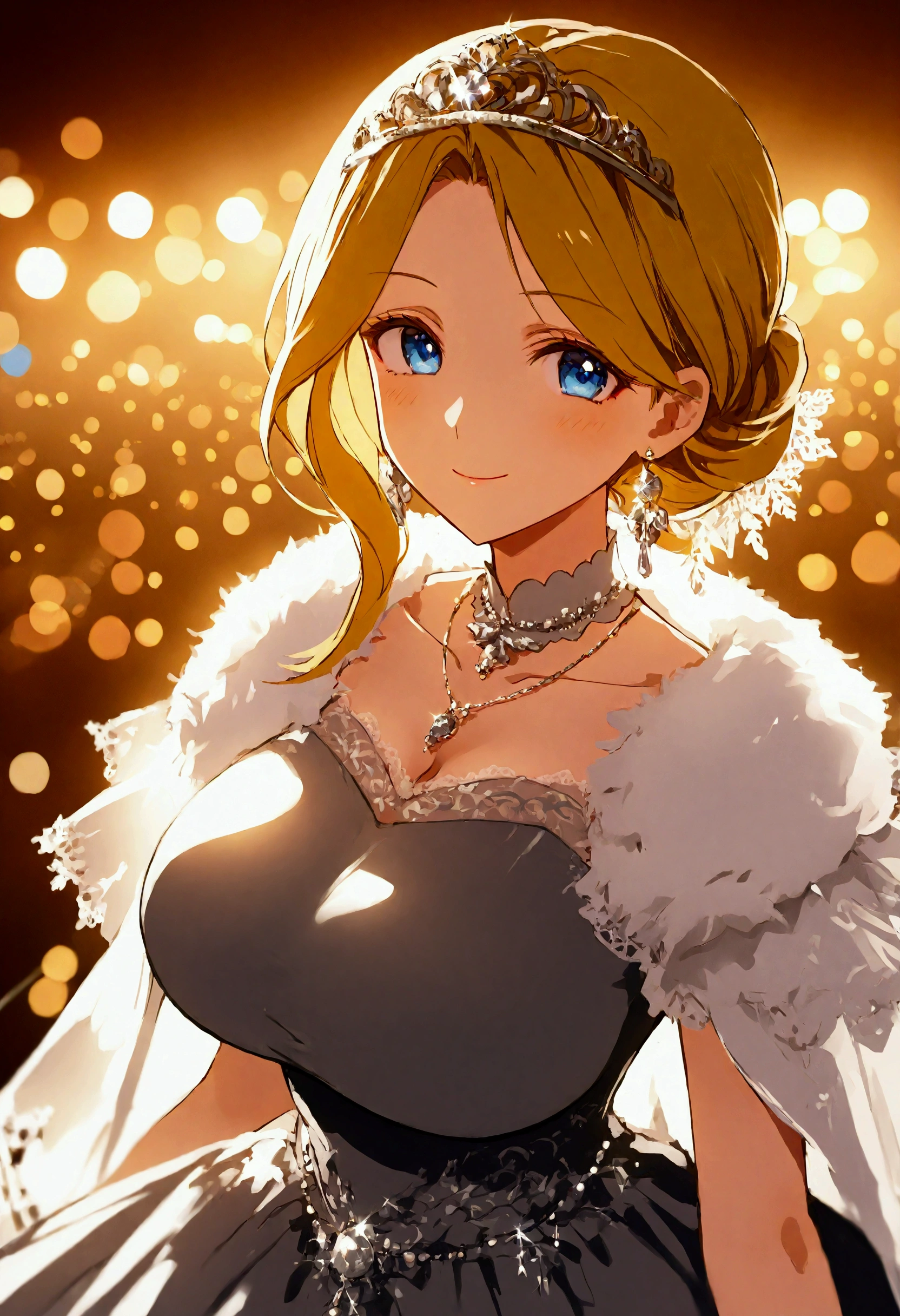 ultra detailed illustration in anime style of a imperial woman with sparkling navy blue eyes, Apricot skin, gothic a white silk dress with trinkets, a winter background, golden yellow hair, silver tiara, lens flare, depth of field, bokeh effect, backlit, stylish, elegant, breathtaking, visually rich, flat lights, flat colors, cel shading, art by best anime studios, 32k resolution, best quality, ink lines, a mature body, a beautiful, benevolent smile of eyes, the Middle Ages, an imperial woman, Big breasts, silver earrings, a silver necklace