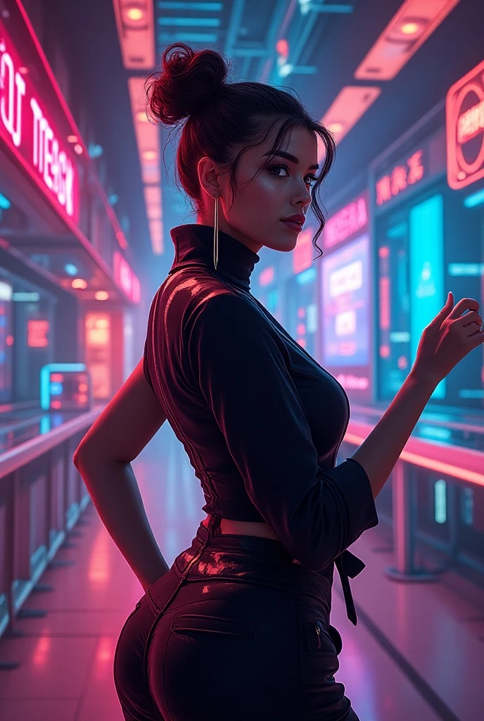 "Create a portrait of an attractive girl with colorful and bright hair, an athletic build and huge blue eyes. She has large, erect silicone breasts and her nipples stick out through her business clothes.. She should have a confident and inviting expression on her face., she should be dressed sexy. Design must convey professionalism, trust and innovation, and subtle elements of digital technology or blockchain in the background should highlight the company's technological focus. The overall look should be stylish., professional and attractive. in the background the company logo (3 large letters CLA) and the inscription Cripto labs analytics are clearly visible and legible»