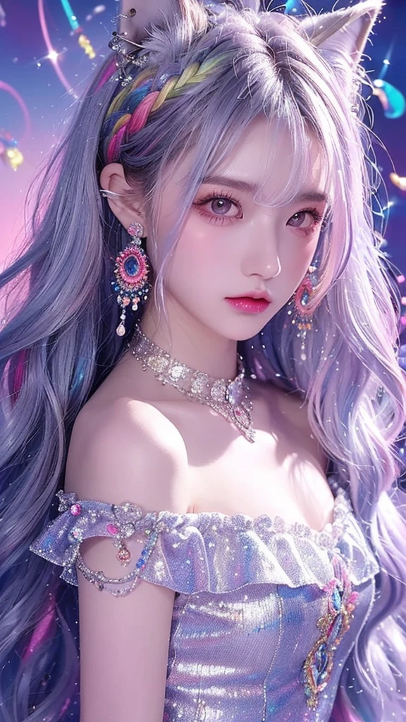 masterpiece, Best Quality,   high definition , ( colorful background: 1.4), [  glitter], [  viewers ,   PORTRAIT ,  Cute Chinese Girl 1 Person  ], (Long Hair,   silver hair , Wave Curl,    Art Multi Color Twisted Big Braid : 1.3,  Fluffy Wolf Ears , ),  Off Shoulder Short Sleeve ,   Delicate facial features  ,   pink lips,   Earrings for Single Women ,   necklace  