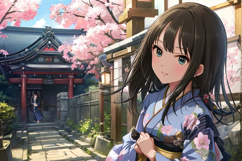 masterpiece、Best Quality、 details、 Hi-Res、 go to a shrine for the first time in a very delicate and beautiful 、solo、One Japanese person、((Shibuya Rin))、kimono、first visit of the year to a shrine、smile、Crouching、cute clogs、shrine、Full Body View、 portrait photo