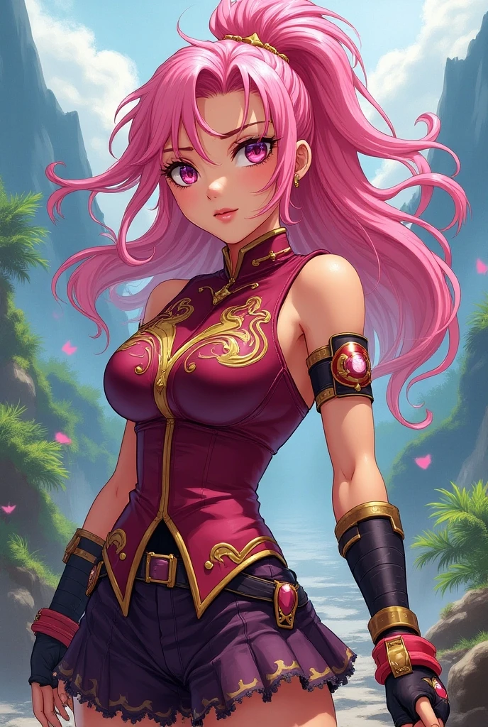 (((masterpiece+best quality+high resolution+ultra-detailed))), masterpiece, absurdres, sakura\(boruto\), 1girl, solo,mature female, perfect composition, detailed lips, big breast, beautiful face, body propotion, blush, long silky pink hair, high nose, sharp eyes, noble and inviolable temperament, (([beauty]: 1.2 + pink long hair: 1.2)), egypt ruins background, (one piece), blue collared jacket, purple crop top, midriff, navel, red sarong, short sleeves, eyewear on head, hair slicked back, plunging neckline, cowboy shot, green eyes, dynamic angle and posture, realistic face and body.