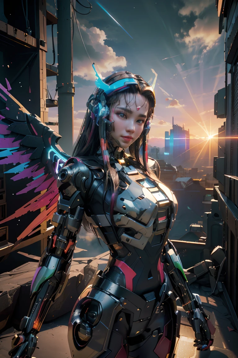 ((masterpiece, best quality, extremely detailed), volumetric lighting, ambient occlusion, colorful, glowing), 
1girl, solo, young girl, (dark hair), long hair, halo, aura, sacred, godness, cyber suit, (random-colored outfit:1.3), android, bot, cybernetic wings,
outdoors, sunset, sky, clouds, space, (cyberpunk theme:1.2),