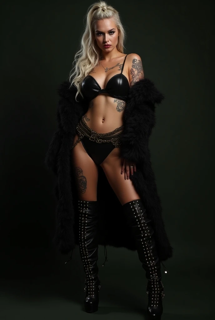 NSFW, naked, nude, Melena is a beautiful necromancer., black fur, in the style of a Heavy Metal magazine cover, low-cut robe with high details, High detail face, high detailed leather, fit athletic body, Heavy metal aesthetics, necromancer&#39;s lair background, high quality, Masterpiece, realistic photo, intricately detailed, 8k, HDR, shallow depth of field, wide light, High contrast, backlight, light flares, chromatic aberration, sharp focus, Raw color photo, looking to the camera, cold colors, erotic pose, seductive smile