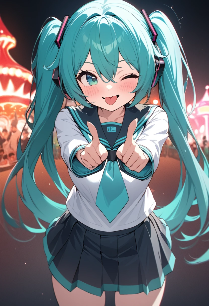 High quality, Ultra detailed, best quality, insanely detailed, beautiful, masterpiece,(negative_v2 Color_Balance_Calibration:0.8),  detailxl, (SuperQuality:1.0),Very_cute, cute Hatsune Miku wearing a school uniform,The school uniform is a sailor uniform ,The skirt length is short,Striking a cute pose,Teehee,open mouth, only one eye is open, smile, blush, stick out tongue,OMMC.I'm having fun at the amusement park