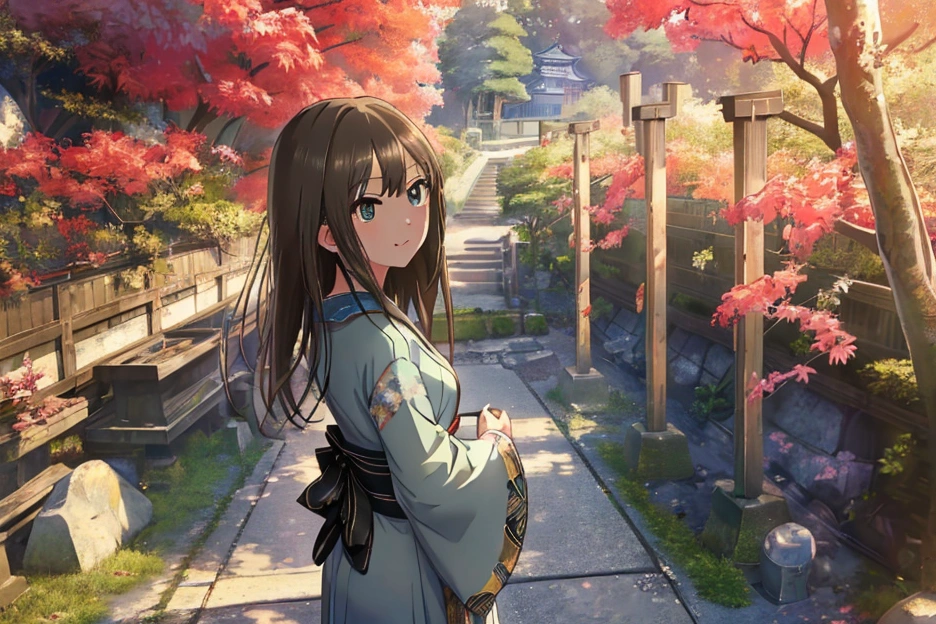 masterpiece、Best Quality、 details、 Hi-Res、 go to a shrine for the first time in a very delicate and beautiful 、solo、One Japanese person、((Shibuya Rin))、kimono、first visit of the year to a shrine、smile、Crouching、cute clogs、shrine、Full Body View、 portrait photo