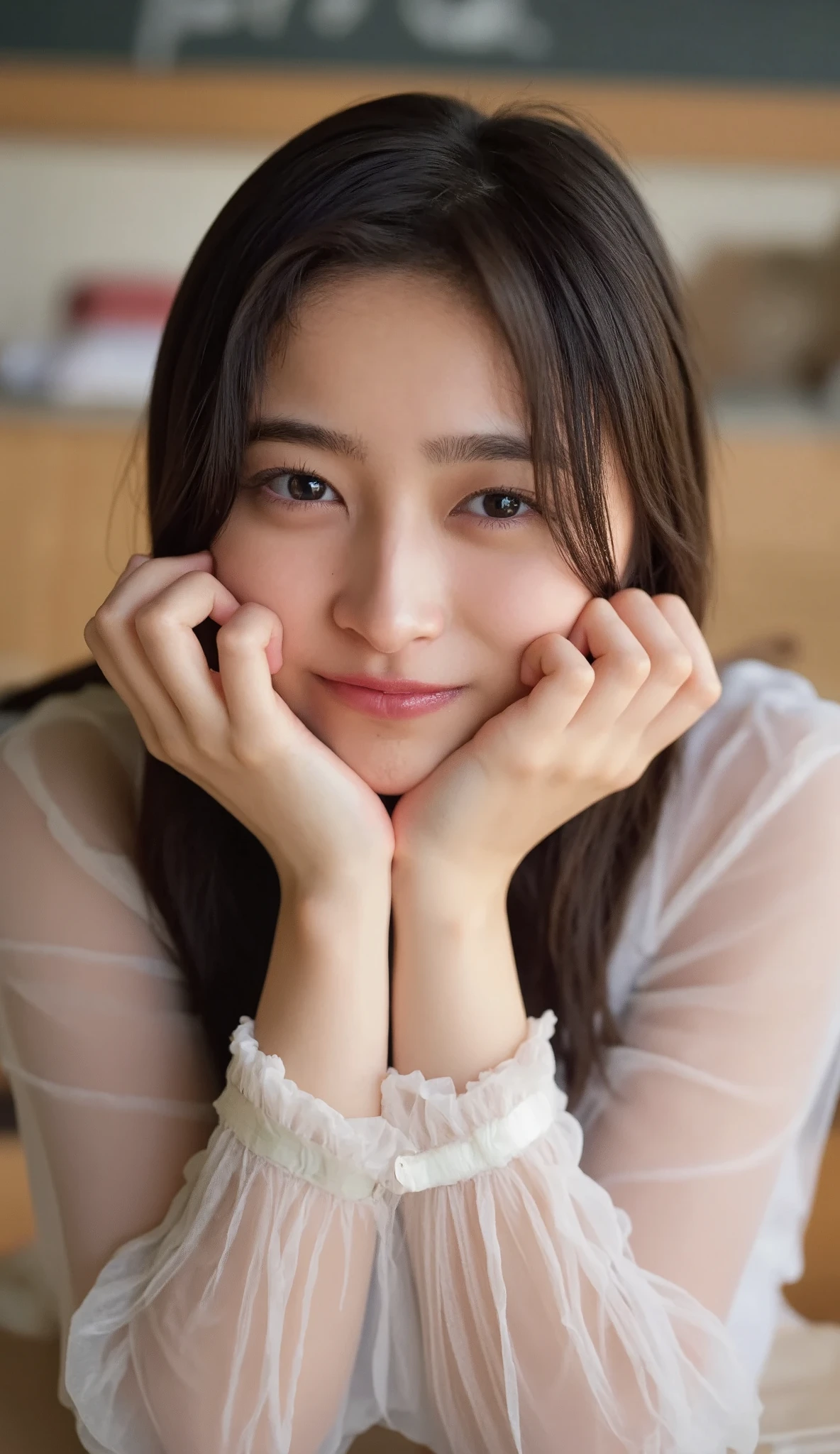 It looks like they wear a blouse with a very open chest at school, stand with their elbows on the desk, hold their cheeks with their hands, and face the front with a smile、Angle of view is from above