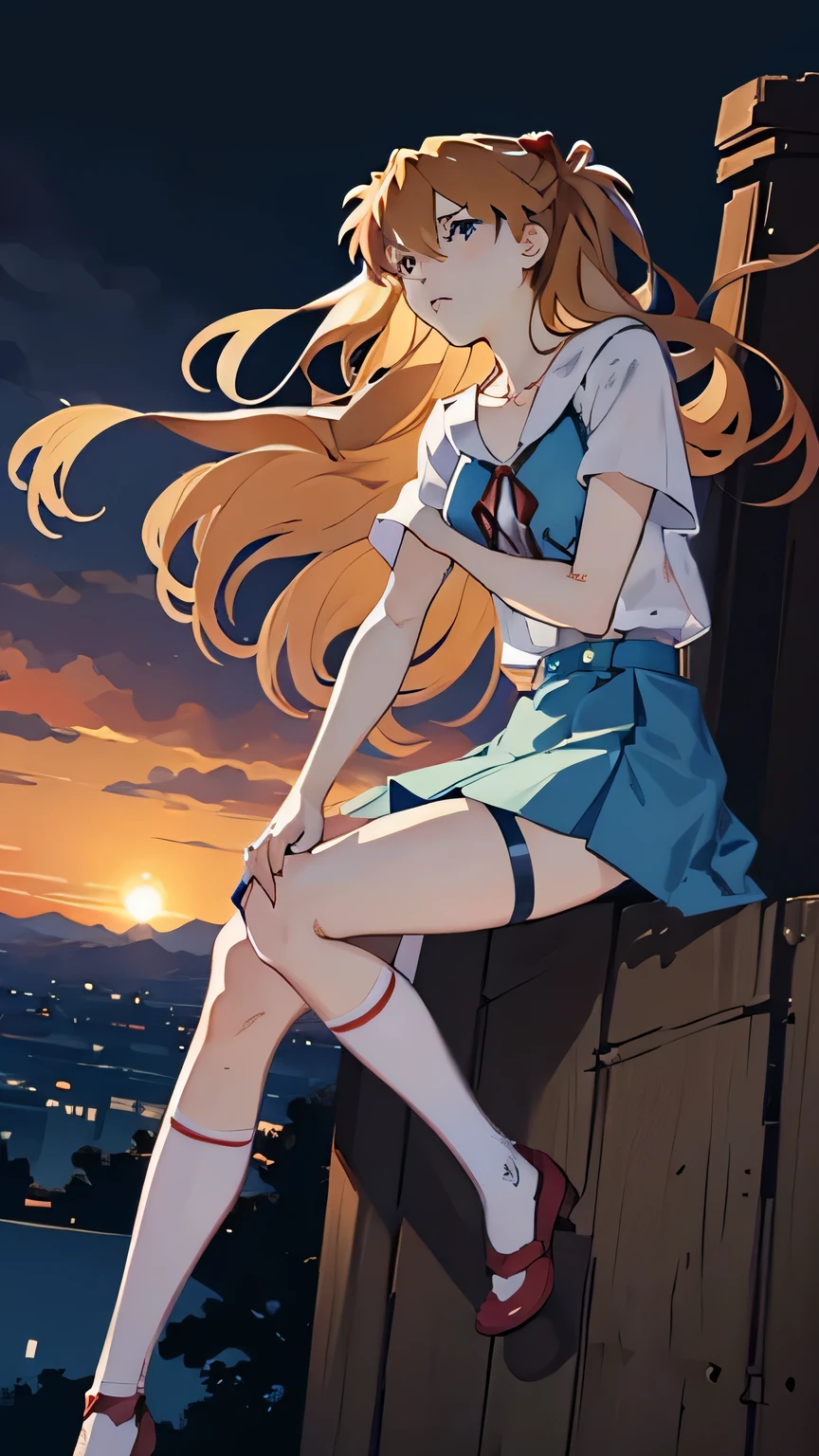 asuka from evangelion; aesthetic; bohemian; realistic; stockings; skinny fit; mini skirt; sitting cute pose; emo; staring on foreground; shinny and bright eyes; night city background; Dark fantasy ; focus on hips; goddess; solo girl