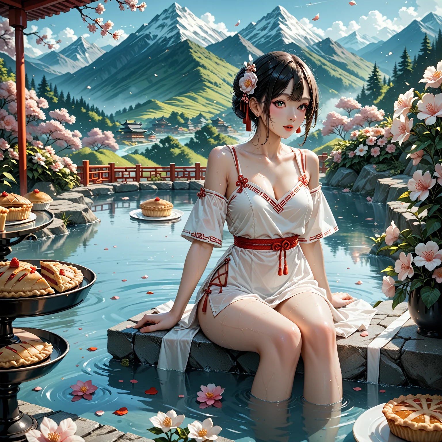 Hanfu, 1 girl,  medium breasts, neckline, mountain, soaking pies,  session, Chinese Park Fund,white thighs,clear water,(pies:1.3), Too many flowers,  