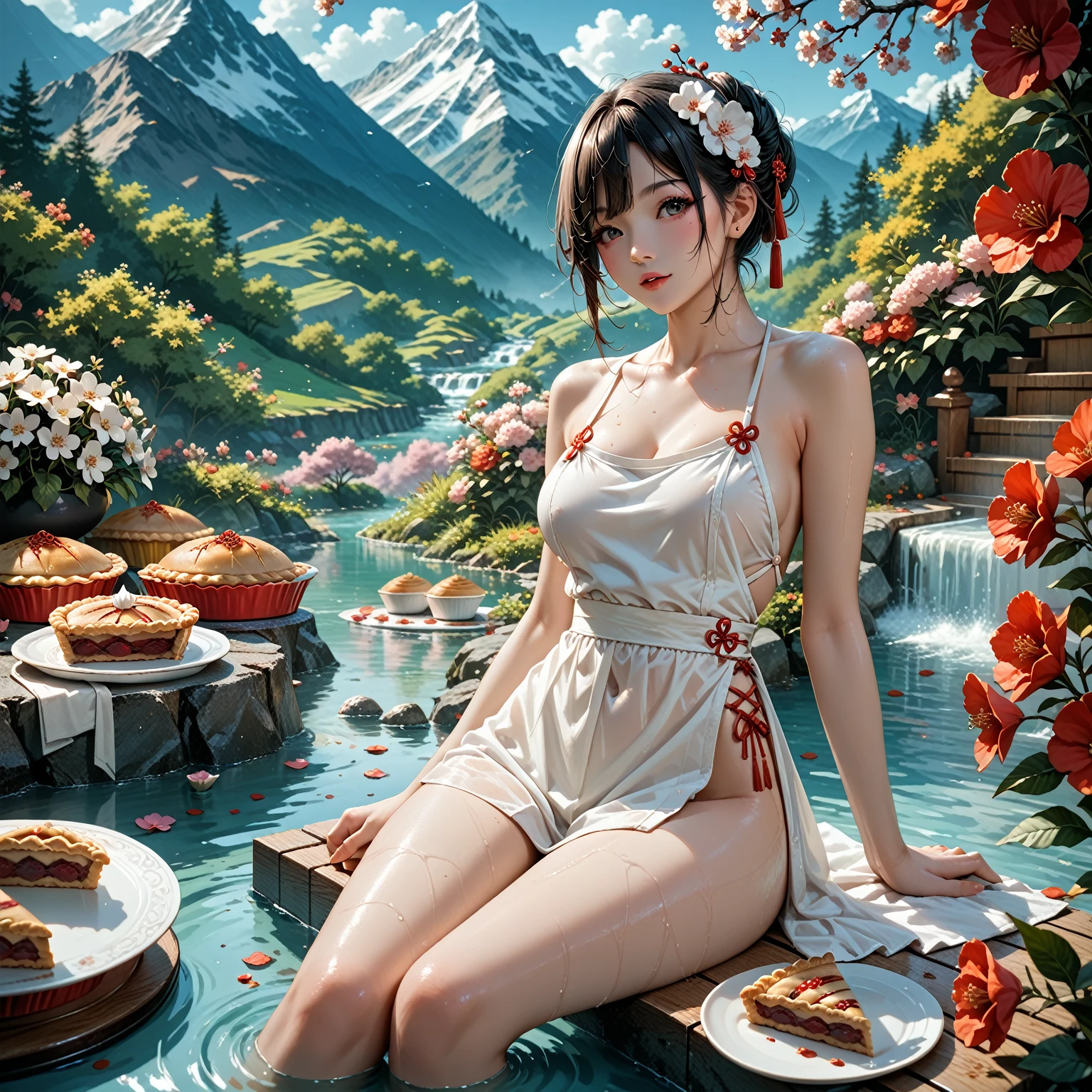 Hanfu, 1 girl,  medium breasts, neckline, mountain, soaking pies,  session, Chinese Park Fund,white thighs,clear water,(pies:1.3), Too many flowers,  