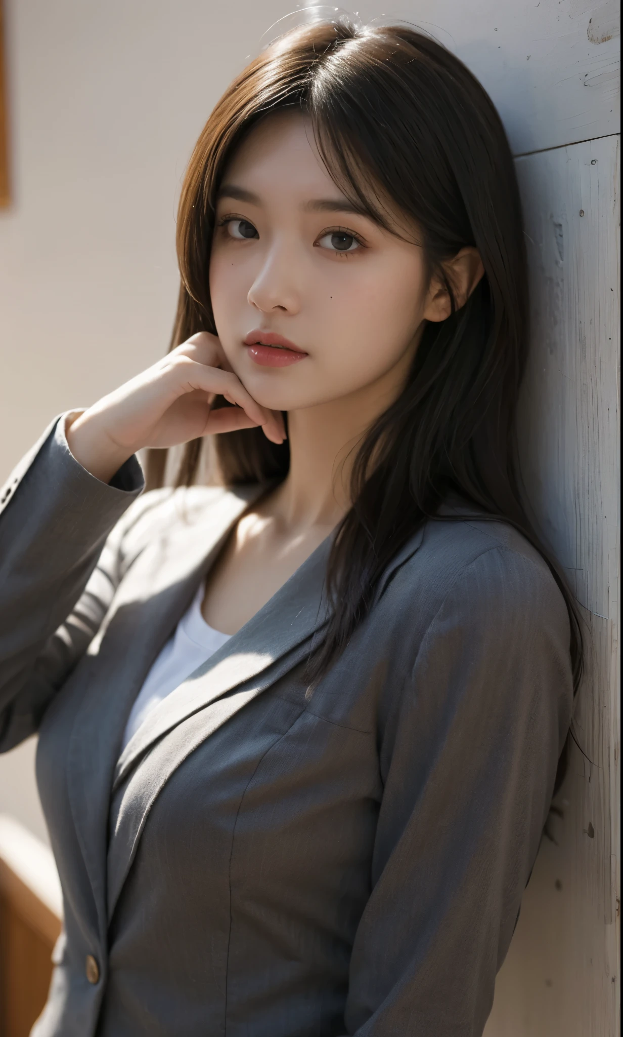 masutepiece, Best Quality, Illustration, Ultra-detailed, finely detail, hight resolution, 8K Wallpaper, Perfect dynamic composition, Beautiful detailed eyes, Branded Suits, Natural Lip, Small breasts, Natural hair, beauty legs,KPOP Idol Face,Cute