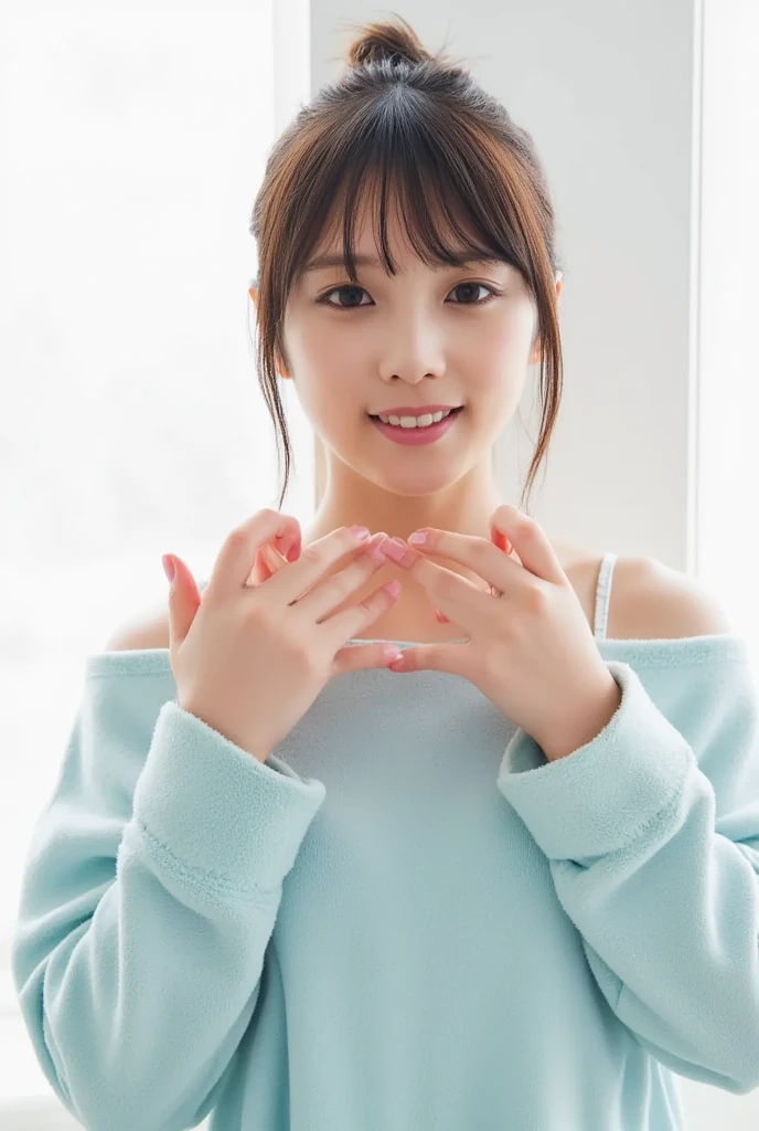 Only one woman with a cute smile wears cute, fluffy off-shoulder pajamas, makes a big heart shape with both hands, and poses them in front of her chest, View above collarbone、The background is a monotone 

