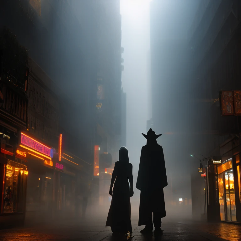 ,Fantasma costumes , ( close:1.2),  Volumetric lighting, city street, masterpiece, fog,  cinematographic , FelissaRose006 