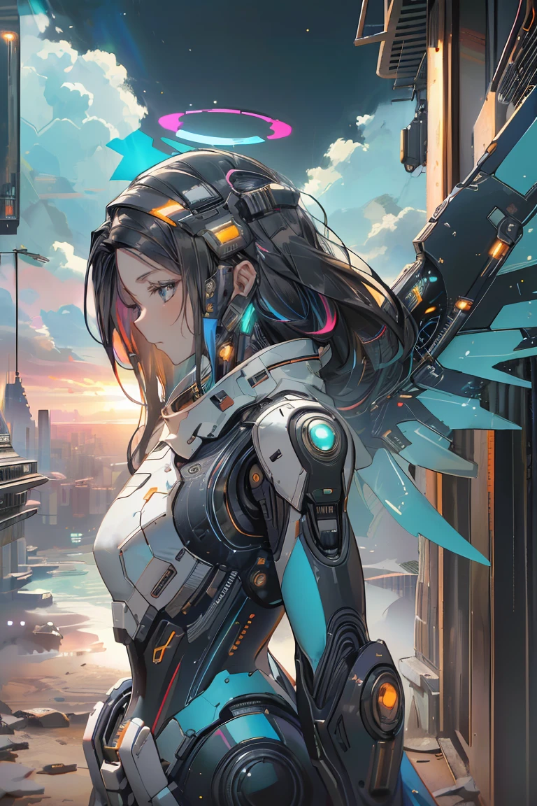 ((masterpiece, best quality, extremely detailed), volumetric lighting, ambient occlusion, colorful, glowing), 1girl, solo, young girl, (dark hair), long hair, halo, aura, sacred, godness, cyber suit, (random-colored outfit:1.3), android, bot, cybernetic wings, outdoors, sunset, sky, clouds, space, (cyberpunk theme:1.2),