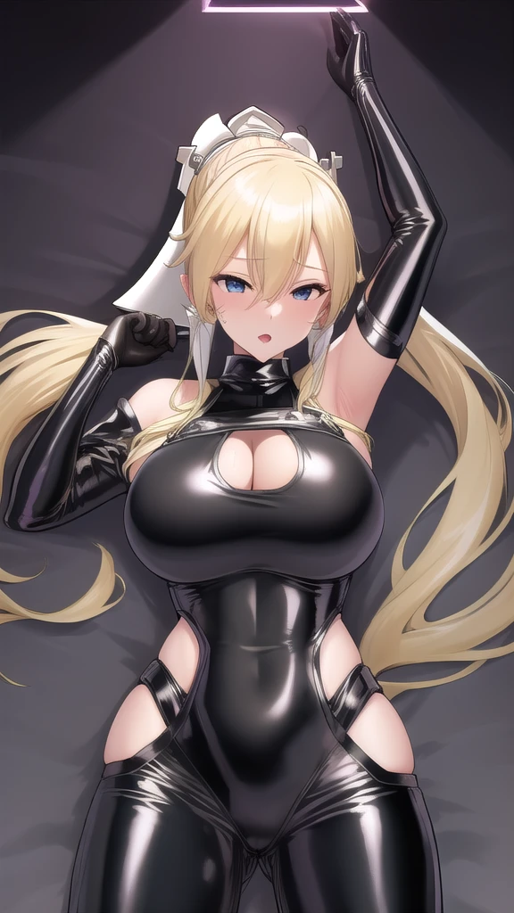   erotic 、Leafa、 blonde ponytail , Big Breasts、Alone, shiny black latex rubber suit turtleneck purple evil background、 Best Quality,  detailed face,  detailed eyes on board,  Hi-Res,、Evil female executive、 No Emotion、Open your mouth slightly、 Sexy Poses、Fallen into evil、Fall into Darkness、Dark Side、lure、Estrus、 tall、cool