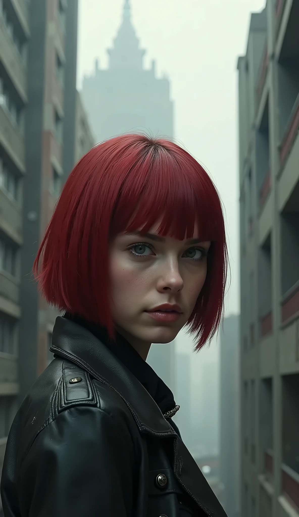a mid portrait photo of 30 y.o woman in wastelander clothes, red hair, short haircut, pale skin, slim body, the background is city ruins, clean face, wearing a leather outfit, realistic textured eyes, (high detailed skin:1.2),8k uhd, dslr, soft lighting, high quality