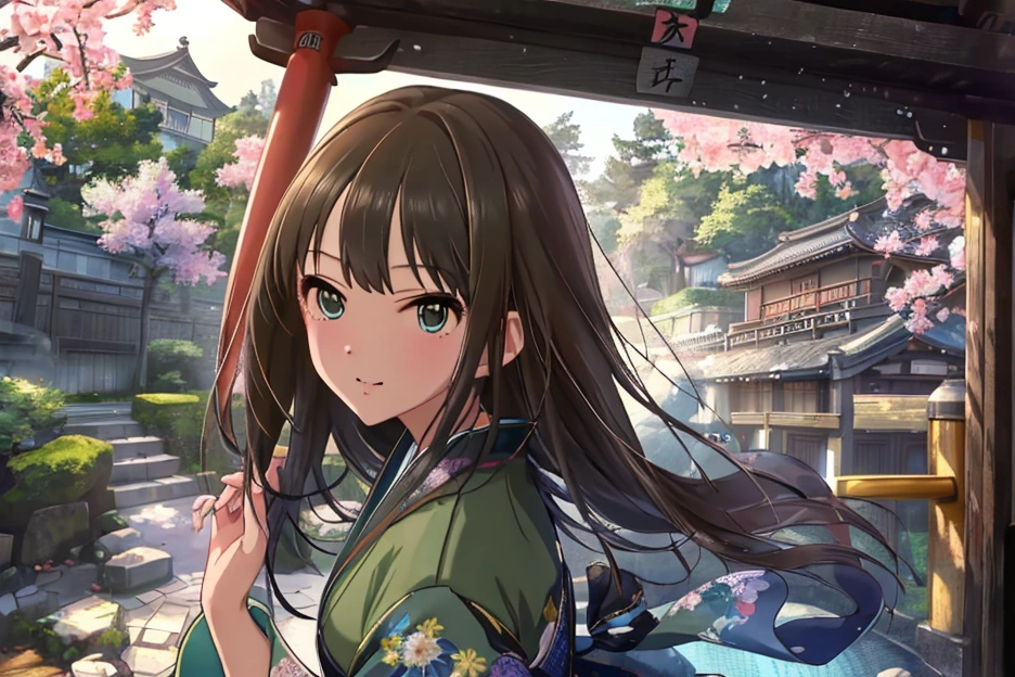 masterpiece、Best Quality、 details、 Hi-Res、 go to a shrine for the first time in a very delicate and beautiful 、solo、One Japanese person、((Shibuya Rin))、kimono、first visit of the year to a shrine、smile、Crouching、cute clogs、shrine、Face close up、 dynamic angle that raises one leg terribly、 portrait photo