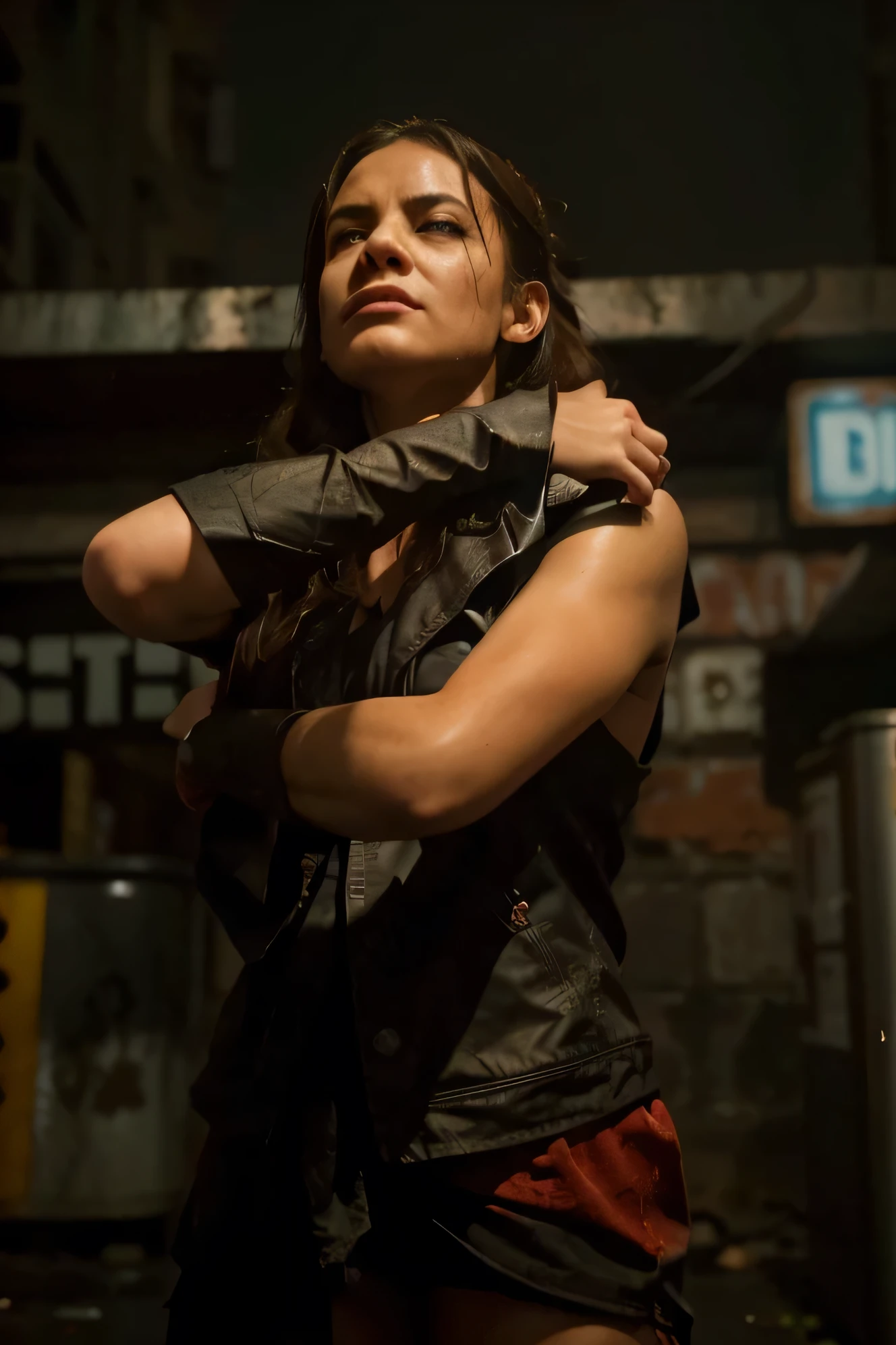 Gloomy girl, brunette, ponytail hairstyle, (zombie hunter, leather vest, torn black T-shirt, military pants, belt with holster), in a zombie hunter costume, neckline, standing against the backdrop of destroyed streets, looking at the viewer, (crowd of zombies on background), moody lighting, dim light, depth of field, bokeh
