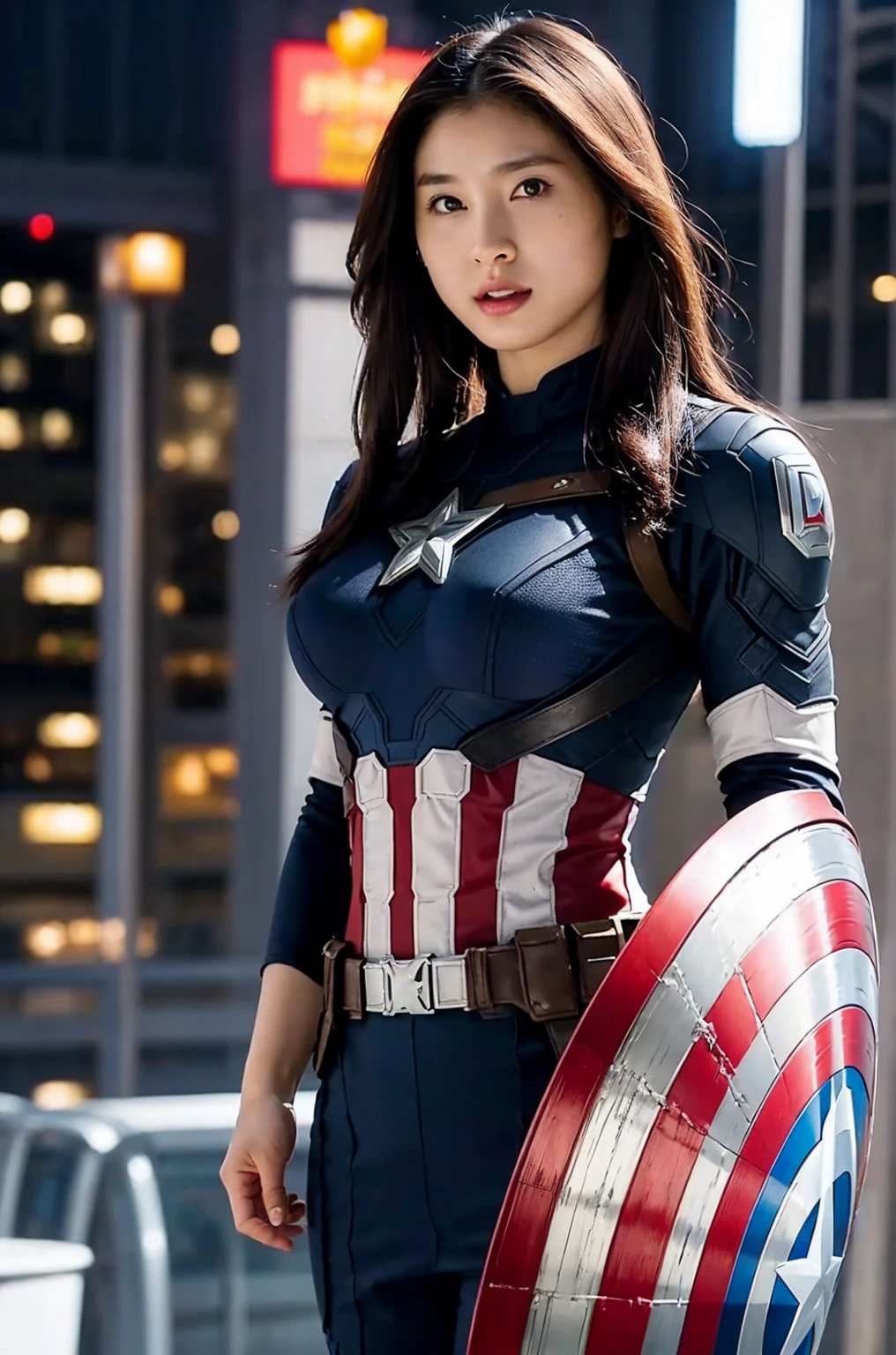 masterpiece,  1 girl, Beautiful woman、Marvel's Captain America , Delicate and delicate features,  American Dream ,  holding a round shield ,  Futuristic New York Times Square Background ,  Sci-fi ,  brown,  big breasts at the temple,  superheroine , heroic, Perfectly Proportioned,   photo volume release ,  super real , masterpiece, 8k, Large format camera , マーベルのキャプテン・アメリカ役のBeautiful womanの110mmレンズ , Dynamic lighting, her horizontal low angle , Captain America's costume faithfully reproduces the costume design for the 2022 movie Avengers Endgame,, The bottom of the costume is completely naked , A 90 cm diameter shield that is also the symbol of Captain America, You can clearly see her whole body wearing a costume , Overall bright,  big breasts at the templeを張り雄々Her Standing Figure , Protect her body with a shield , There is only one Captain America shield in the portrait,  Full body portrait of her in Captain America costume,  Bright, soft lighting in sunlight , Anatomically correct , 