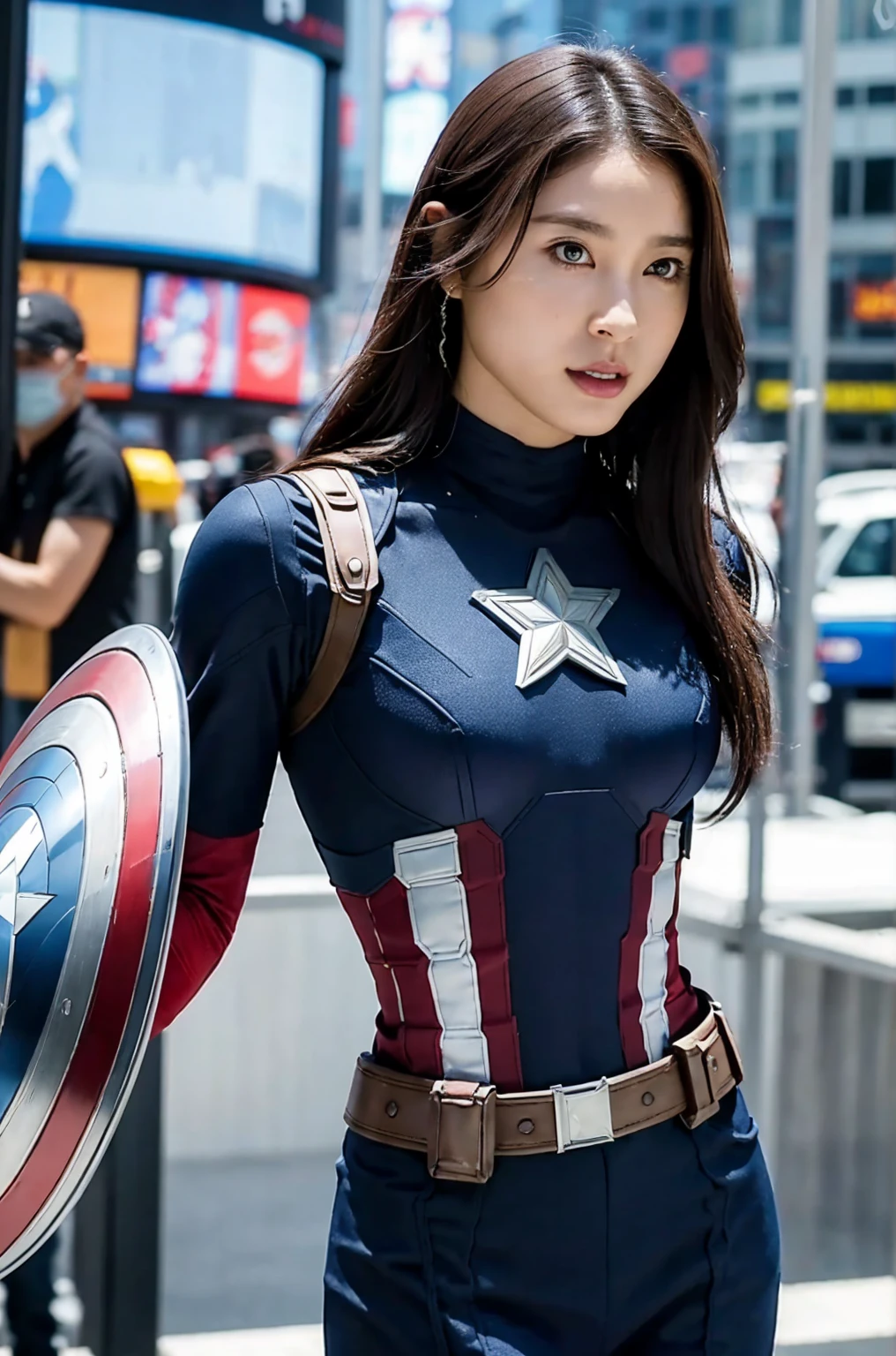 masterpiece,  1 girl, Beautiful woman、Marvel's Captain America , Delicate and delicate features,  American Dream ,  holding a round shield ,  Futuristic New York Times Square Background ,  Sci-fi ,  brown,  big breasts at the temple,  superheroine , heroic, Perfectly Proportioned,   photo volume release ,  super real , masterpiece, 8k, Large format camera , マーベルのキャプテン・アメリカ役のBeautiful womanの110mmレンズ , Dynamic lighting, her horizontal low angle , Captain America's costume faithfully reproduces the costume design for the 2022 movie Avengers Endgame,, The bottom of the costume is completely naked , A 90 cm diameter shield that is also the symbol of Captain America, You can clearly see her whole body wearing a costume , Overall bright,  big breasts at the templeを張り雄々Her Standing Figure , Protect her body with a shield , There is only one Captain America shield in the portrait,  Full body portrait of her in Captain America costume,  Bright, soft lighting in sunlight , Anatomically correct , 