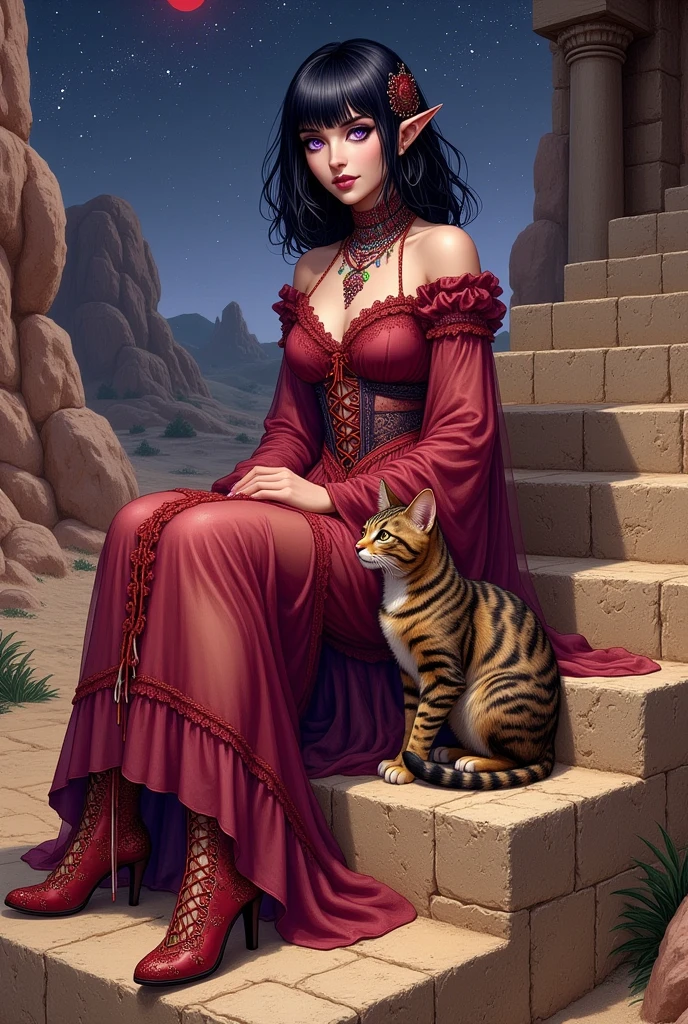 (Ultra-detailed face, Looking away, Fantasy Illustration with Gothic, Rich tone colors.), BREAK 
(A viewpoint looking up a stone staircase from below. The stars twinkle in the cloudless night sky and a small red moon illuminates the ground. The Queen of Sand smiles and sits cross-legged on a stone throne at the top of the red sandy, weathered and eroded stone staircase, while Egyptian Mau, a large cat with spotted red short hair, sits on her lap, leaps onto the throne, and nuzzles at her feet.), BREAK 
(The Sand Queen wears a tiara with a red scorpion motif and a necklace made of iridescent chokers and rainbow-colored beads. She wears a lace-up dress of deep red sheer organdie fabric with layers of thin orange cord braided through it. She wears high heels with woven crimson silk tape and holds a cat on her lap with both hands.), BREAK 
(She has glossy black hair and eyebrows, blunt bangs, very long disheveled hair gently waving in the wind, small pink lips, tanned healthy wheatish skin, lavender eyes, and a sand queen of a young age with thick dark eye line around her eyes.), BREAK 
(This is a sandy valley of red rocks and sand. Atop a stone temple, the Queen of the Sands tenderly loves and shelters the inhabitants and creatures of the Valley of the Sands. The queen's large cat, Egyptian Mau, is by her side, protecting her.)