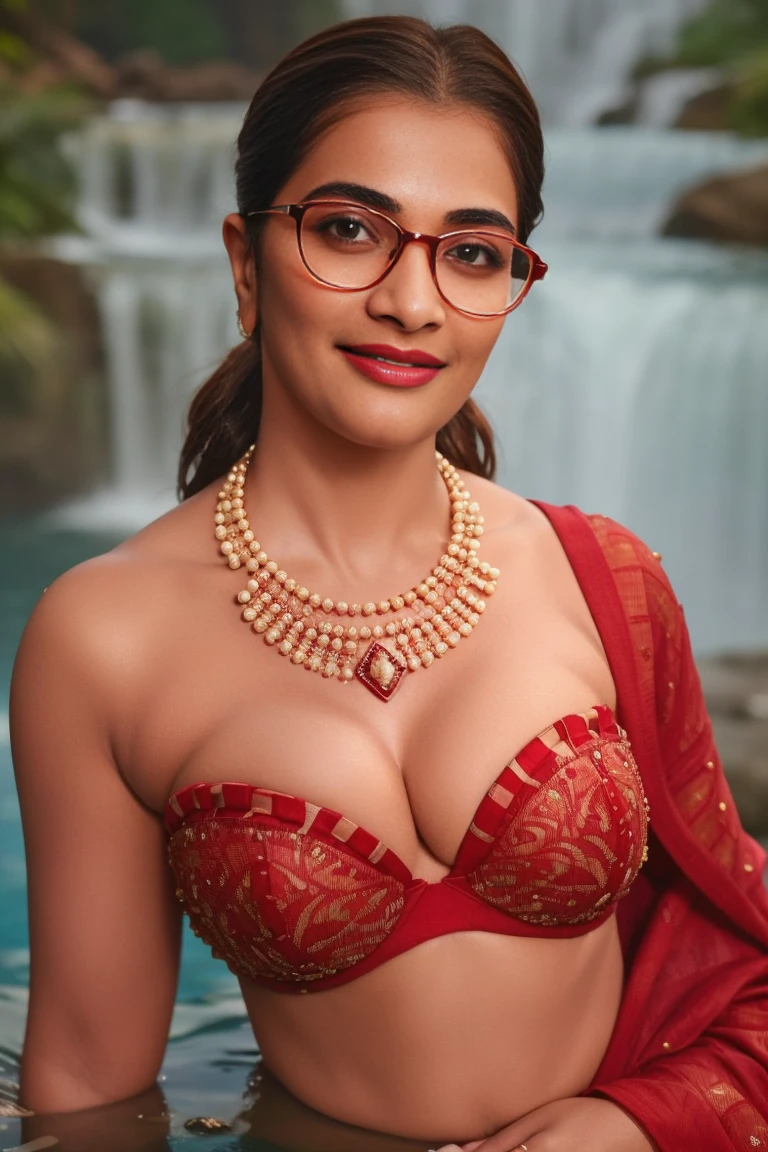 Day scene, extreme close up photo of a latina from top view, black nerd glasses , lying on a big rock and exposing  under waterfalls, wearing wet red bra and saree, perfect figure, wet navel, wet swooping breasts, deep cleavage, ponytail, necklace, look at viewer and smile, (cinematic:1.3), intricate details, (ArtStation:1.2)