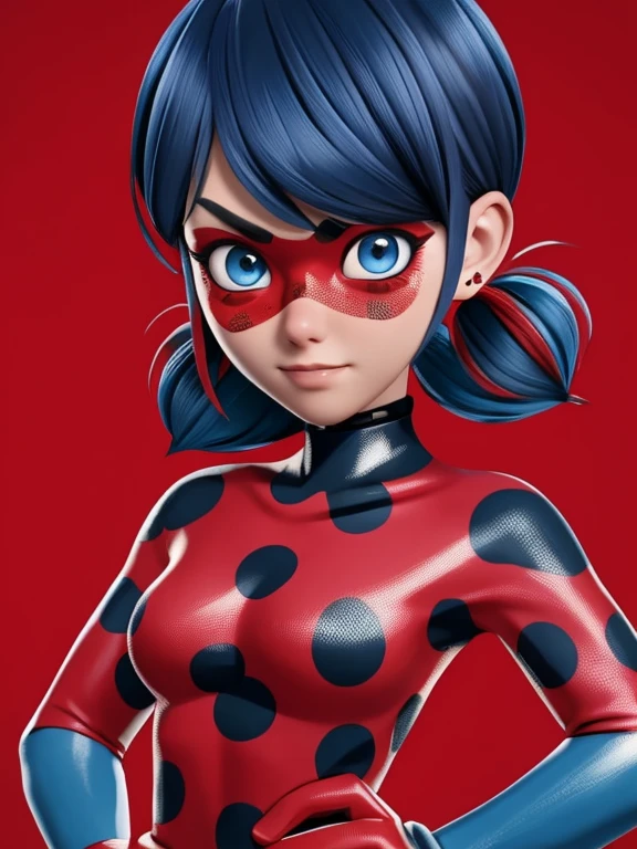 Dark blue, bob-cut hair with pigtails, blue eyes, normal expression, red mask with black spots, red with black spotted suit, close-up view of face and upper body, breast, hand on hip