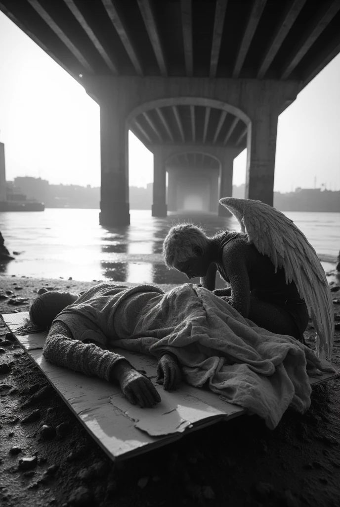 the black and white photograph captures a poignant scene of an angel crouching over a homeless person sleeping on a cardboard under a bridge. the angel's wings are folded against its back, and its face is tilted downwards, as if watching over the sleeping figure with a gentle concern. the angel's presence seems to be a beacon of hope in a desolate and unforgiving environment.

the homeless person is curled up on the cardboard, wrapped in a tattered blanket that seems to be their only protection against the cold. a thin layer of frost has formed on the blanket, and the person's face is similarly frosted, giving them a fragile and vulnerable appearance. the frost on their eyelashes and eyebrows adds to the sense of cold and hardship, and their gaunt and tired face seems to be a testament to the struggles they have faced.

the cardboard beneath them is crumpled and worn, and the person's body seems to be relaxed in a deep sleep, as if the angel's presence has brought them a sense of comfort and security. the bridge above them is a stark and imposing structure, its concrete pillars rising up like giants from the river below. the river itself is calm and serene, reflecting the sun's rays like a mirror. the sun is low in the sky, casting a warm glow over the entire scene, but the cold and frosty air seems to be a reminder that winter is still very much present.

the photograph is a powerful commentary on the social and economic issues that plague our society. the contrast between the angel's gentle concern and the harsh realities of the homeless person's life is a stark reminder of the need for compassion and empathy. the image is a call to action, urging us to look beyond our own lives and to reach out to those in need.
the black and white tones of the photograph add to the sense of gritty realism, stripping away the distractions of color and focusing our attention on the raw emotions and harsh realities of the scene. the overall effect is one of haunting beauty, a poign