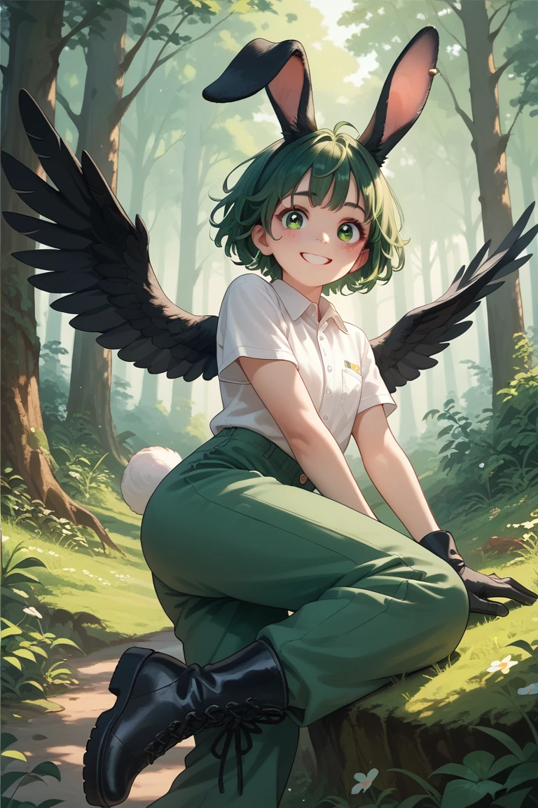 score_9, Female, mare, Pegasus, light brown coat, light cream brown chin and muzzle, dark brown coat band on back legs, that fade into white hooves, brown tipped hooves, moss green sweatshirt with green and white striped sleeves, dark green cuffs, dark brown tipped feathered wings, forest green eyes, dark brown hair with brown and white stripes, striped hair with white