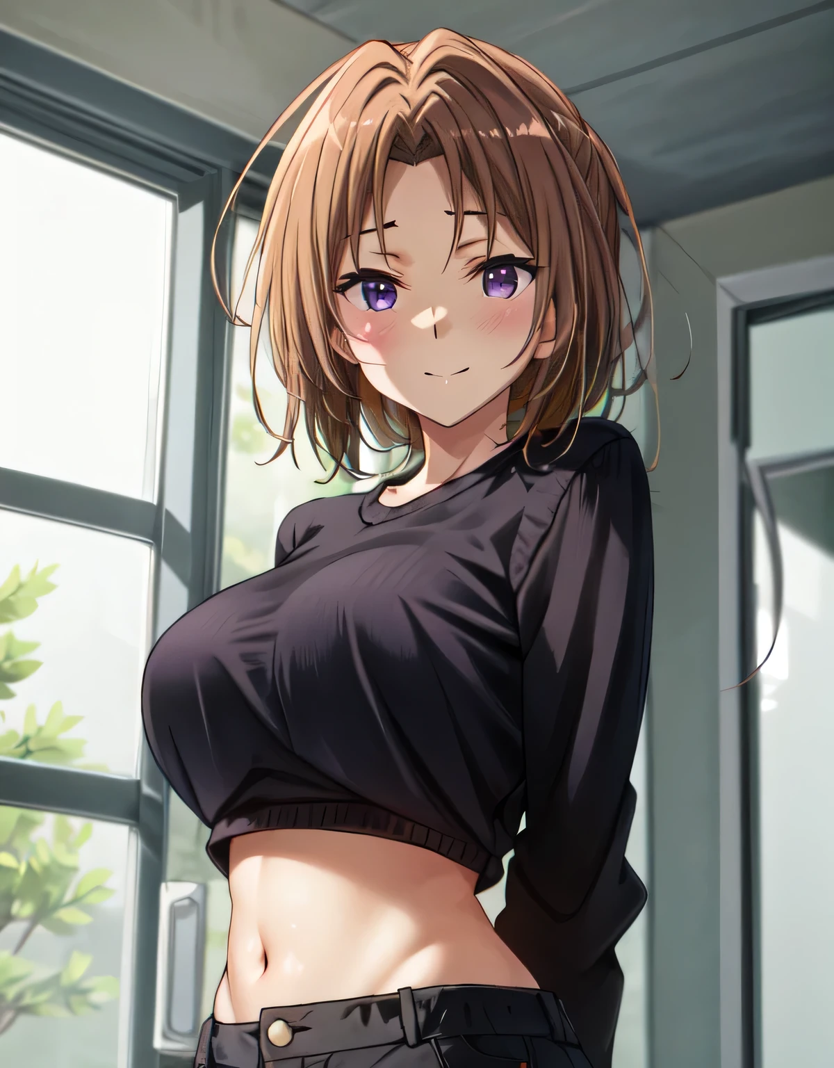 matsilo nakagawa,(large breasts:1.55),(shiny hair),((solo)),((masterpiece)),((best quality)),perfect anatomy,slim waist,perfect image,8k UHD,(beautiful detailed eyes:1.5),extremely detailed face,standing,(upper body:1.2),(look at the front:1.5),ultra-detailed,absurdres,ultra-highres,arms behind back,shiny black crop top,shiny black pants,indoor room,light smile,blush,(purple eyes),navel,