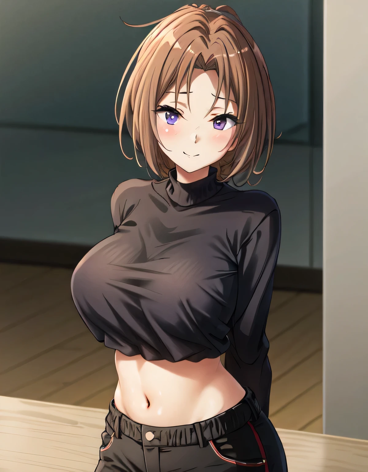 matsilo nakagawa,(large breasts:1.55),(shiny hair),((solo)),((masterpiece)),((best quality)),perfect anatomy,slim waist,perfect image,8k UHD,(beautiful detailed eyes:1.5),extremely detailed face,standing,(upper body:1.2),(look at the front:1.5),ultra-detailed,absurdres,ultra-highres,arms behind back,shiny black crop top,shiny black pants,indoor room,light smile,blush,(purple eyes),navel,