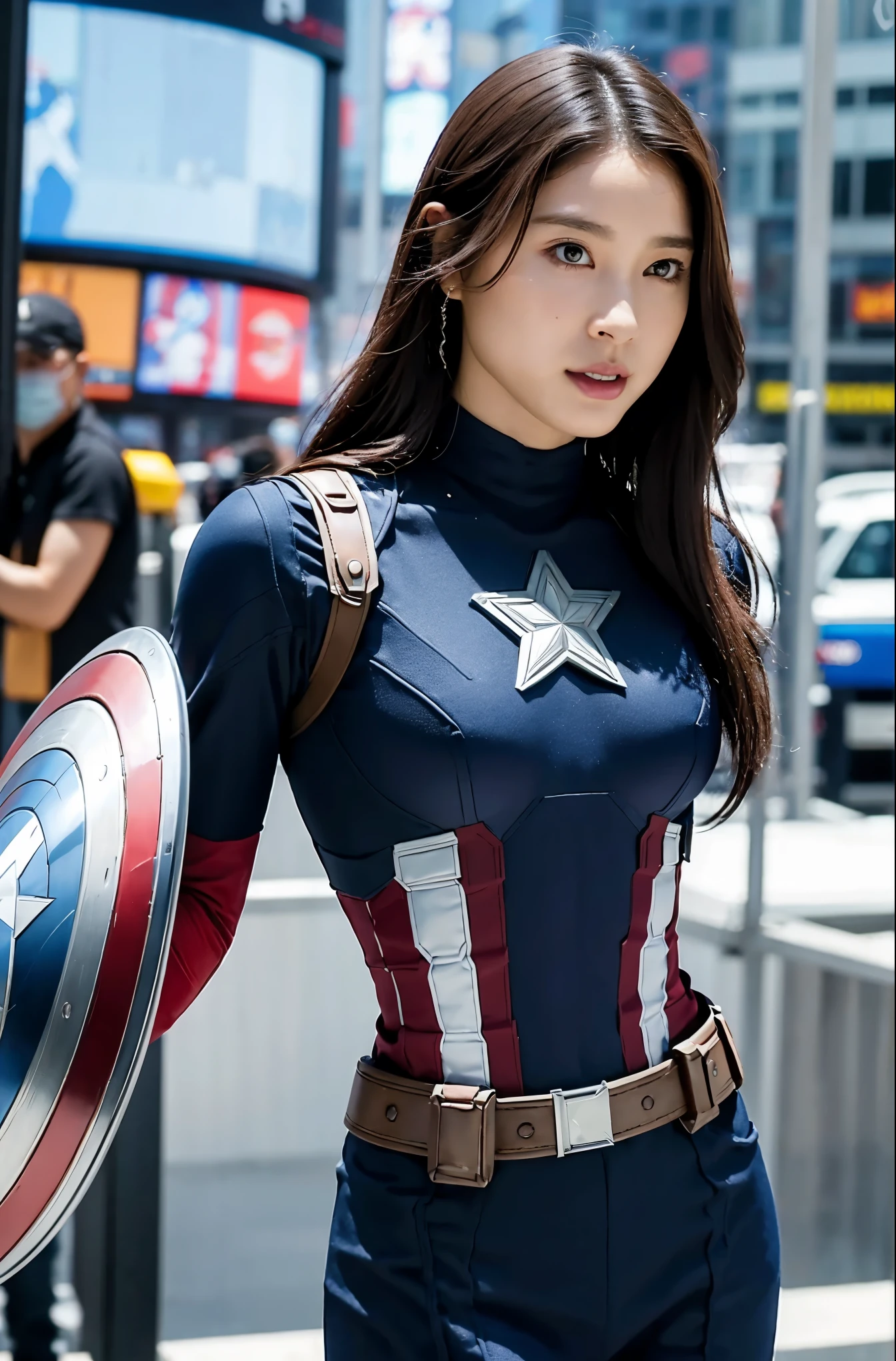 masterpiece,  1 girl, Beautiful woman、Marvel's Captain America , Delicate and delicate features,  American Dream ,  holding a round shield ,  Futuristic New York Times Square Background ,  Sci-fi ,  brown,  big breasts at the temple,  superheroine , heroic, Perfectly Proportioned,   photo volume release ,  super real , masterpiece, 8k, Large format camera , マーベルのキャプテン・アメリカ役のBeautiful womanの110mmレンズ , Dynamic lighting, her horizontal low angle , Captain America's costume faithfully reproduces the costume design for the 2022 movie Avengers Endgame,, The bottom of the costume is completely naked ,  shield with a diameter of 90 cm, which is also the symbol of Captain America , You can clearly see her whole body wearing a costume , Overall bright,  big breasts at the templeを張り雄々Her Standing Figure , Protect her body with a shield , There is only one Captain America shield in the portrait,  Portrait of her full body wearing a Captain America costume,  Bright, soft lighting in sunlight , Anatomically correct , 