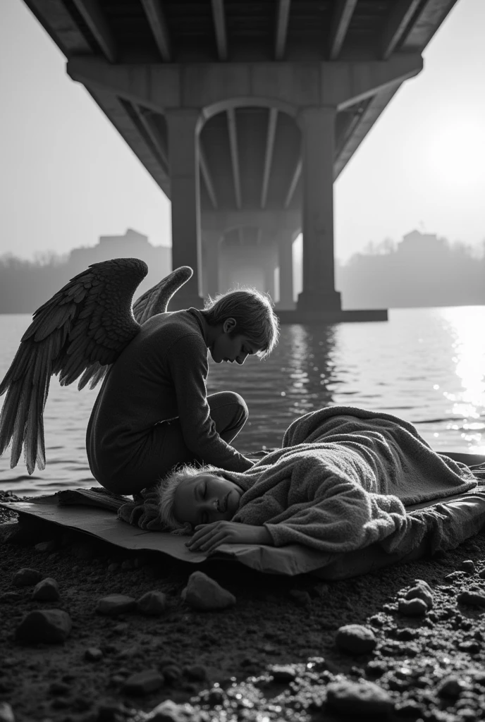 the black and white photograph captures a poignant scene of an angel crouching over a homeless person sleeping on a cardboard under a bridge. the angel's wings are folded against its back, and its face is tilted downwards, as if watching over the sleeping figure with a gentle concern. the angel's presence seems to be a beacon of hope in a desolate and unforgiving environment.

the homeless person is curled up on the cardboard, wrapped in a tattered blanket that seems to be their only protection against the cold. a thin layer of frost has formed on the blanket, and the person's face is similarly frosted, giving them a fragile and vulnerable appearance. the frost on their eyelashes and eyebrows adds to the sense of cold and hardship, and their gaunt and tired face seems to be a testament to the struggles they have faced.

the cardboard beneath them is crumpled and worn, and the person's body seems to be relaxed in a deep sleep, as if the angel's presence has brought them a sense of comfort and security. the bridge above them is a stark and imposing structure, its concrete pillars rising up like giants from the river below. the river itself is calm and serene, reflecting the sun's rays like a mirror. the sun is low in the sky, casting a warm glow over the entire scene, but the cold and frosty air seems to be a reminder that winter is still very much present.

the photograph is a powerful commentary on the social and economic issues that plague our society. the contrast between the angel's gentle concern and the harsh realities of the homeless person's life is a stark reminder of the need for compassion and empathy. the image is a call to action, urging us to look beyond our own lives and to reach out to those in need.
the black and white tones of the photograph add to the sense of gritty realism, stripping away the distractions of color and focusing our attention on the raw emotions and harsh realities of the scene. the overall effect is one of haunting beauty, a poign