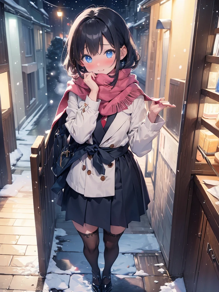 (((masterpiece,  Hi-Res, Best Quality,  anatomically correct,  high detail,  Ultra High Definition,)))、Date、 with my palm around my mouth、（Breathing into the 1 .1）、（view from above 1 ,3）、See her from above 、kawaii、JK、（blush1,3）、Winter uniform、 It's Snowing 、Snow Scene、scarf、 scarf to hide your mouth、I'm on the side of the viewer 、 palm she has on her side、Open your mouth、（Looking up 1.2）、Better Blushing、 big chest、（My cheeks turn bright red ）、 short black skirt、 Attractive Thighs、 thigh-length stockings、、 princess cut,  blue eyes 、 Smooth Hair 、Red nose、Breath Steam、（Steam from the mouth 1 .5）